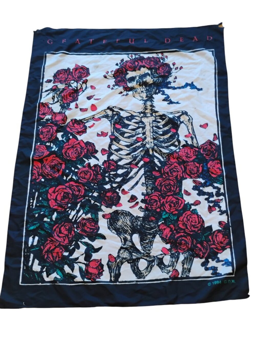 Vintage Greatful Dead Scarf Wall Skeleton Roses 90s 1994 G.D.M Tapestry Flag